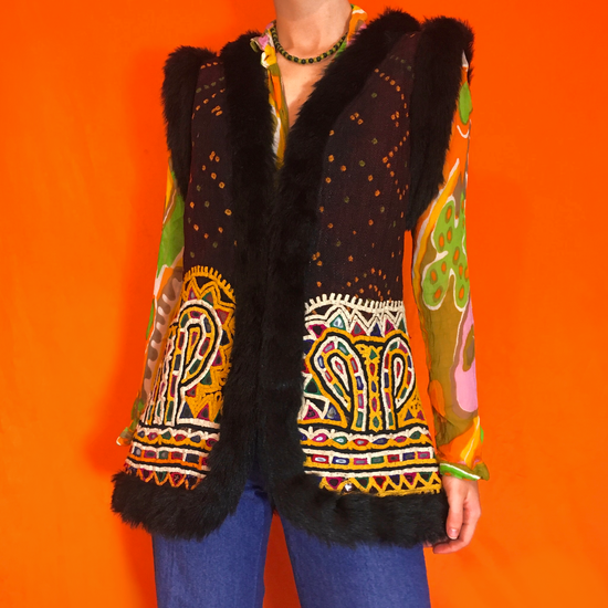 Vintage 1970's Woodstock Afghan Faux Fur Vest