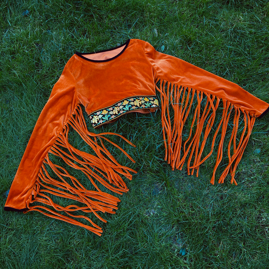 Womens SAMPLE - Orange Velvet Fringe Top Size S